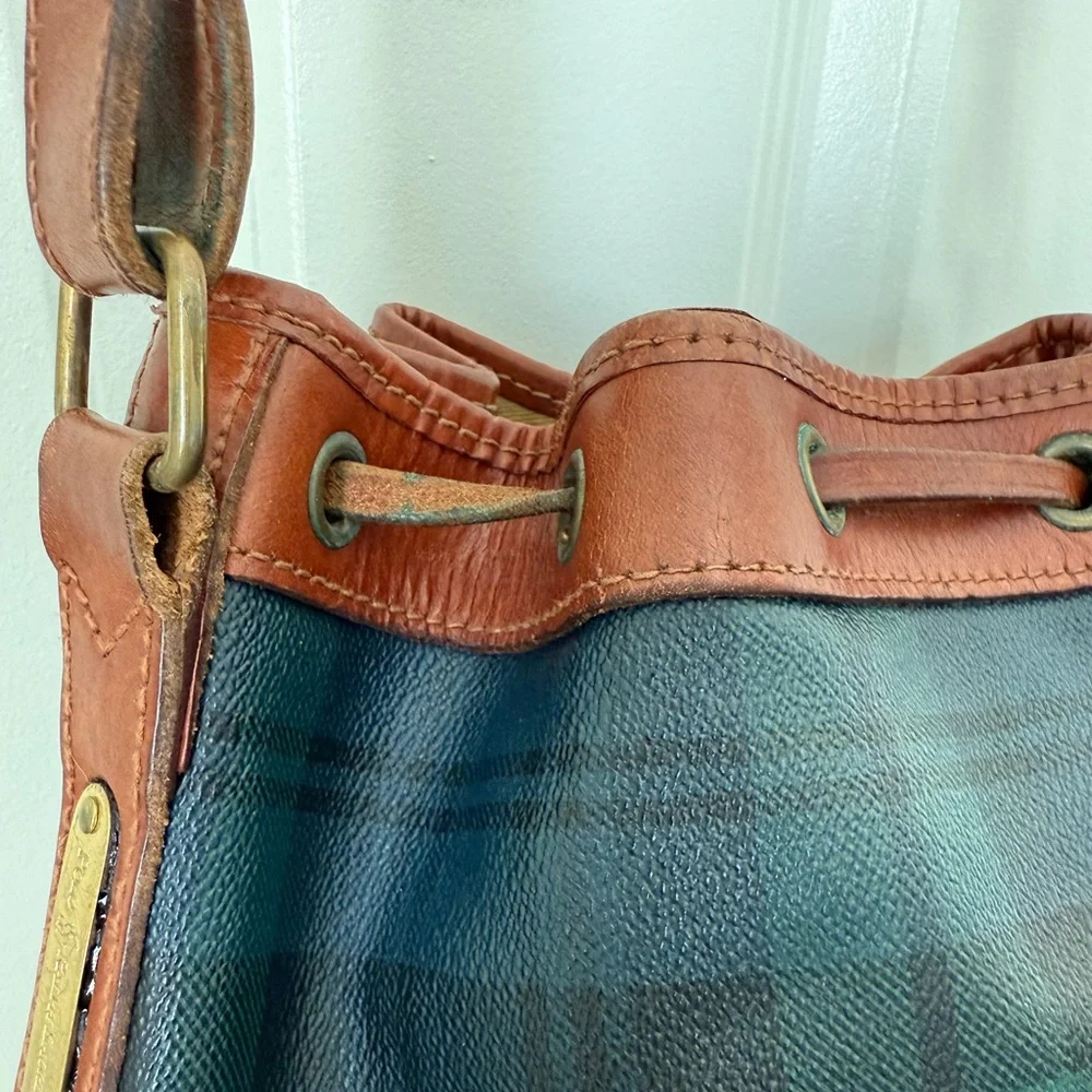 Vintage Polo RALPH LAUREN Green Tartan Plaid Leather Drawstring Bucket Bag 90s - Picture 10 of 16
